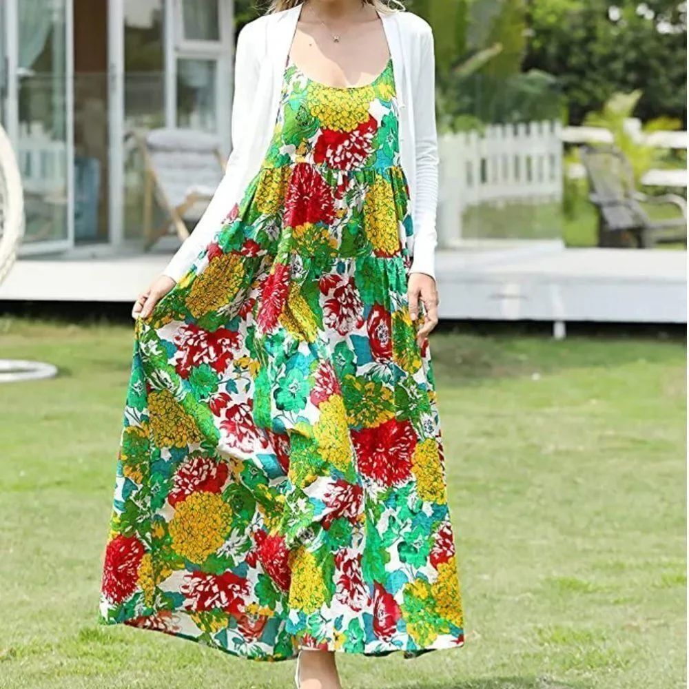 Bohemian Maxi Floral Print Swing Dress w/Adjustable Spaghetti Straps Swing (XS) - Picture 2 of 5
